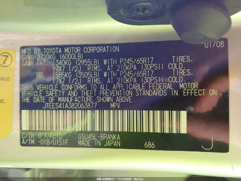 2008 Toyota Highlander VIN: JTEES41A382063877 Lot: 43606511