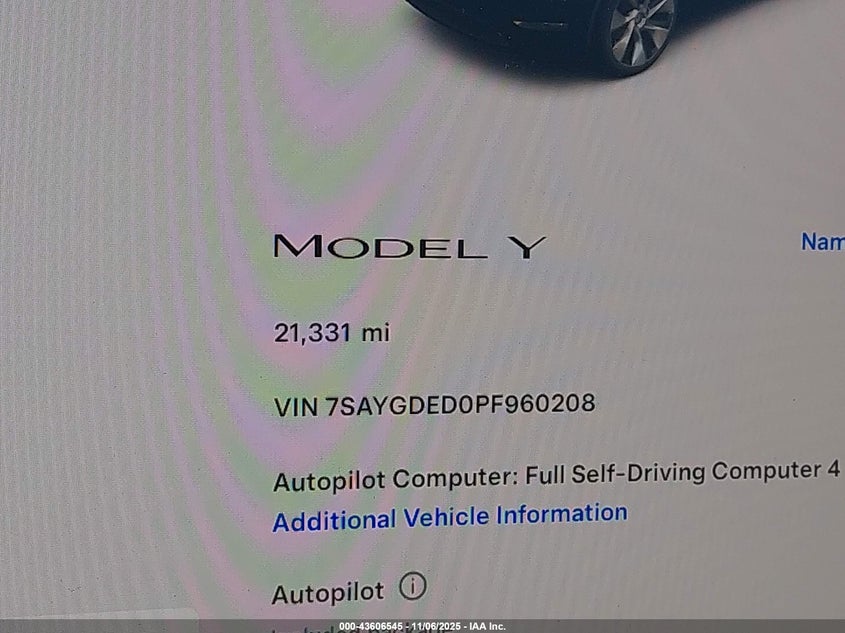 2023 Tesla Model Y Rwd VIN: 7SAYGDED0PF960208 Lot: 43606545
