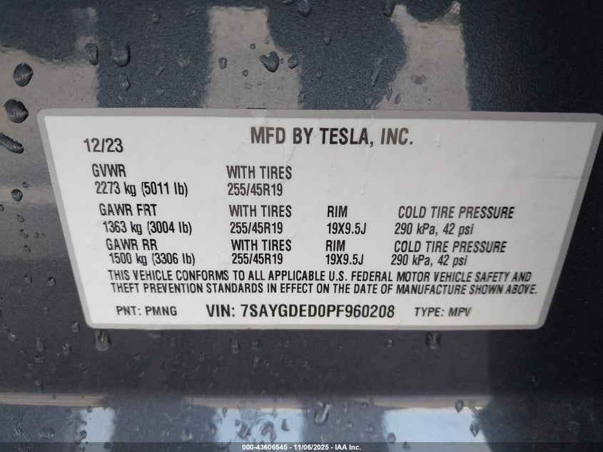 2023 Tesla Model Y Rwd VIN: 7SAYGDED0PF960208 Lot: 43606545