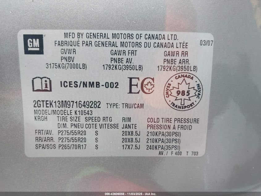 2007 GMC Sierra 1500 Sle1/Sle2/Slt/Work Truck VIN: 2GTEK13M971649282 Lot: 43606556