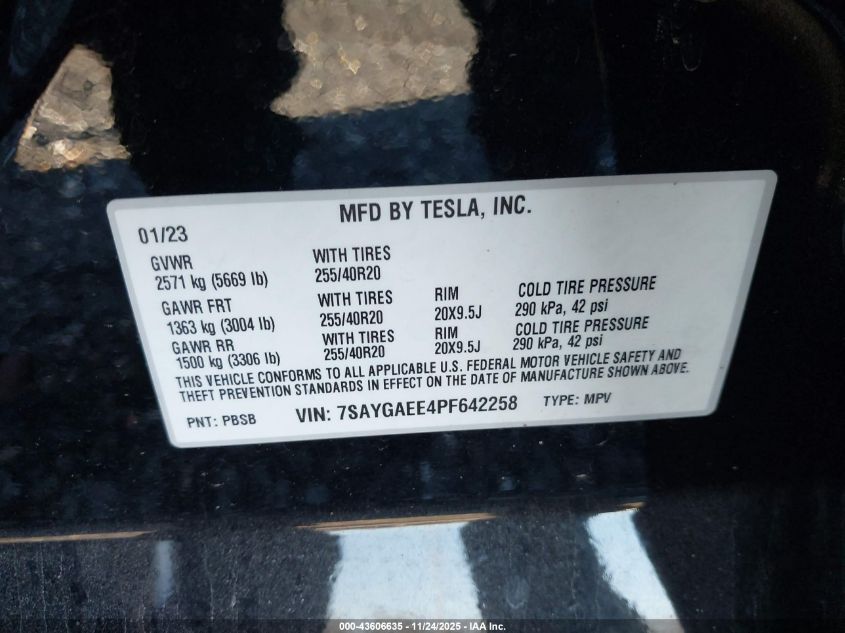 2023 Tesla Model Y Awd/Long Range Dual Motor All-Wheel Drive VIN: 7SAYGAEE4PF642258 Lot: 43606635