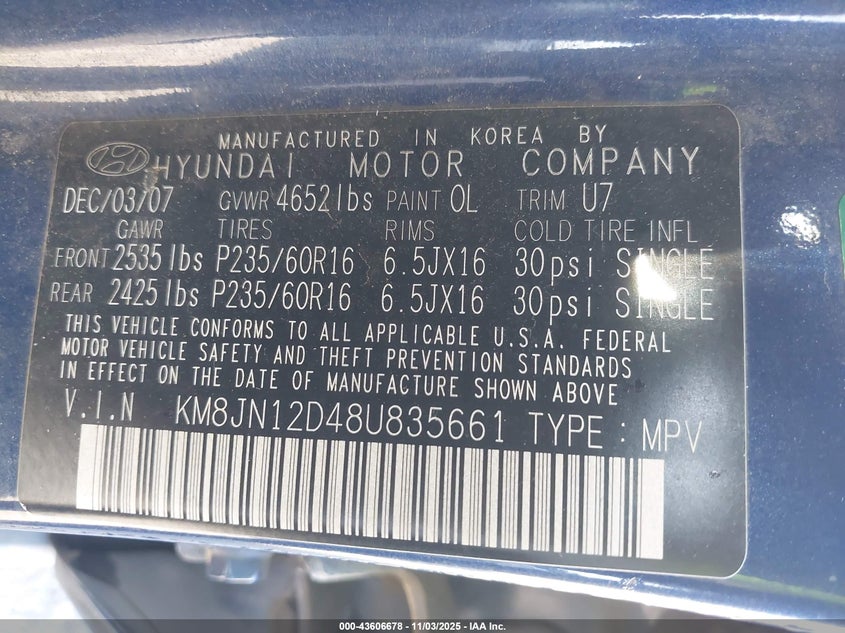 2008 Hyundai Tucson Limited V6/Se VIN: KM8JN12D48U835661 Lot: 43606678