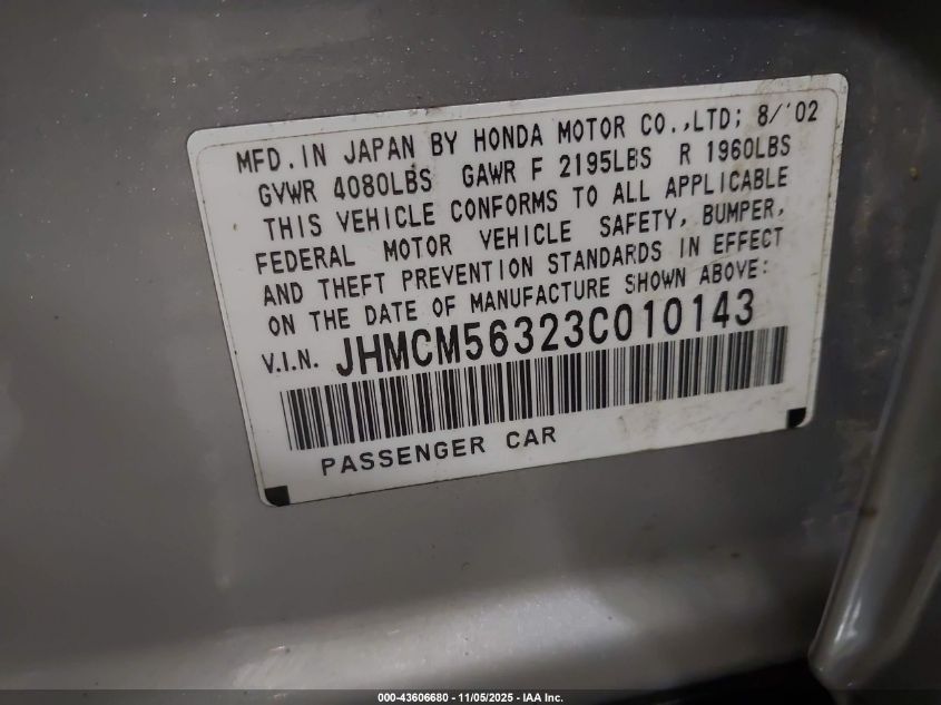 2003 Honda Accord 2.4 Lx VIN: JHMCM56323C010143 Lot: 43606680