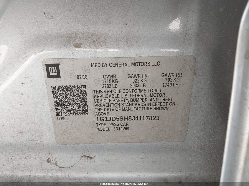 2018 CHEVROLET SONIC LT AUTO 1G1JD5SH8J4117823