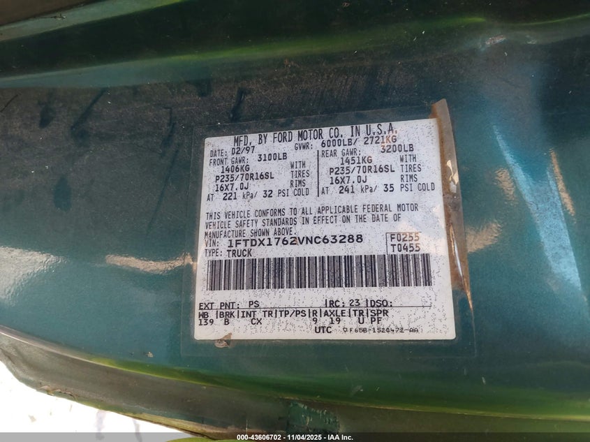 1997 Ford F-150 Lariat/Standard/Xl/Xlt VIN: 1FTDX1762VNC63288 Lot: 43606702