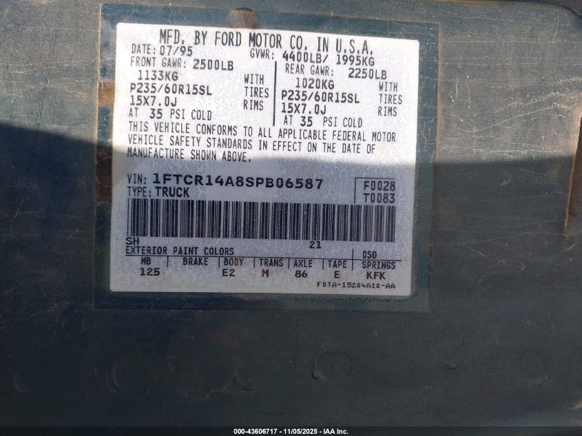 1995 Ford Ranger Super Cab VIN: 1FTCR14A8SPB06587 Lot: 43606717