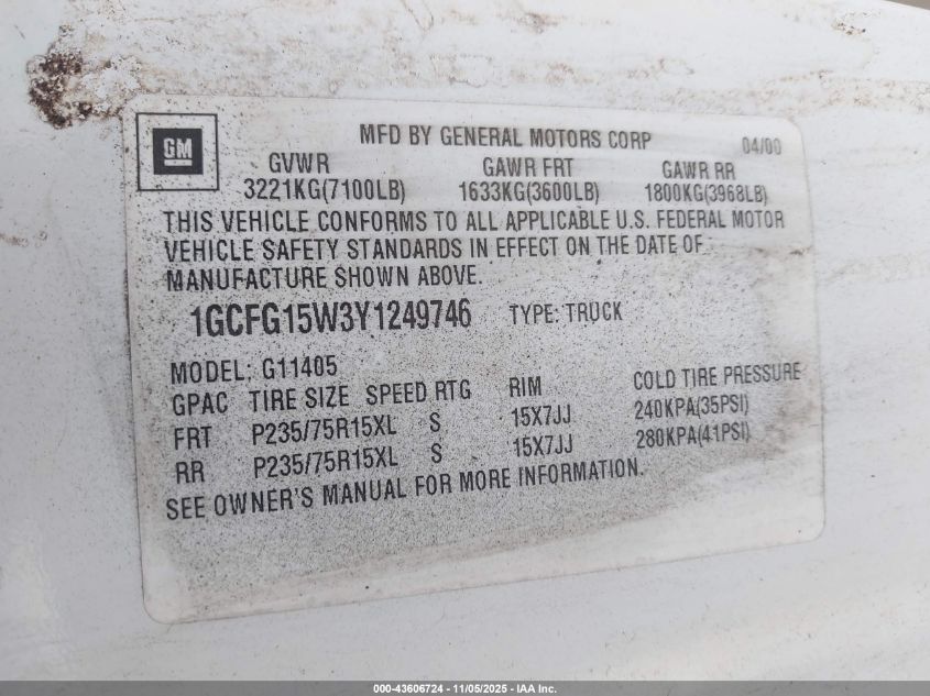 2000 Chevrolet Express VIN: 1GCFG15W3Y1249746 Lot: 43606724