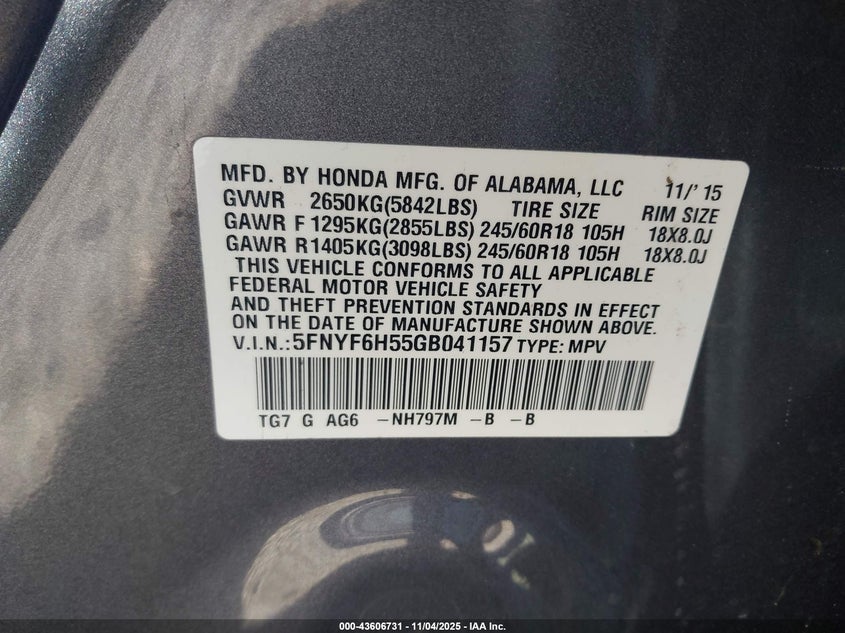 2016 HONDA PILOT EX-L - 5FNYF6H55GB041157