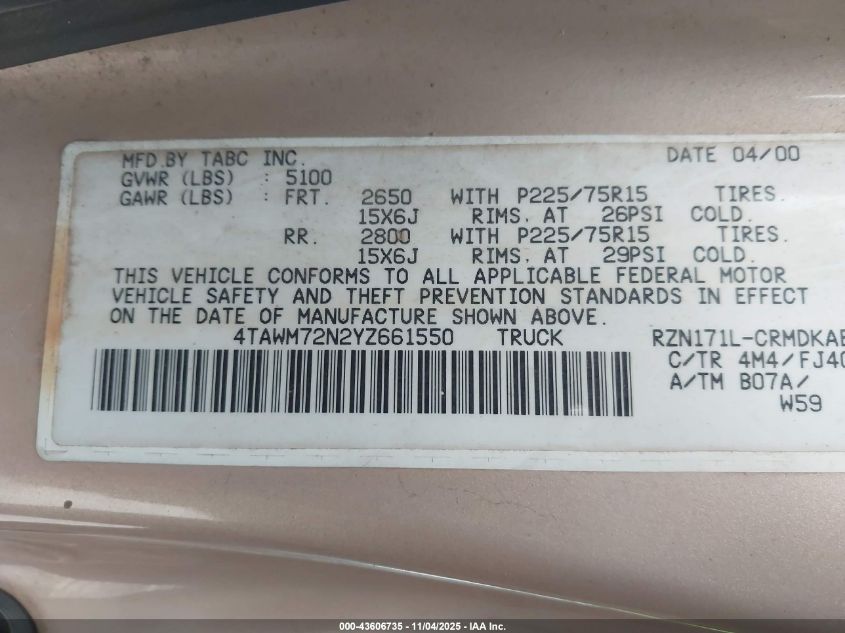 2000 Toyota Tacoma VIN: 4TAWM72N2YZ661550 Lot: 43606735