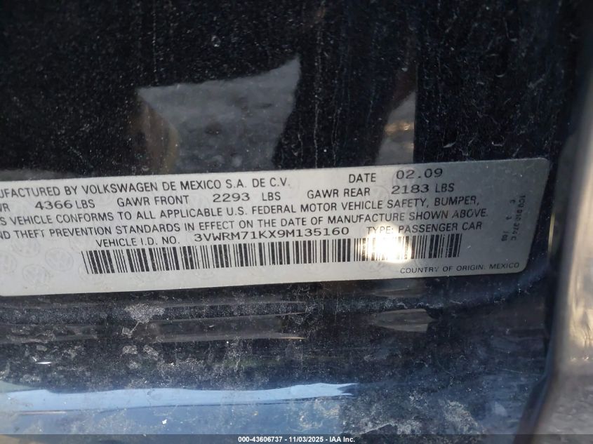 2009 Volkswagen Jetta Se VIN: 3VWRM71KX9M135160 Lot: 43606737