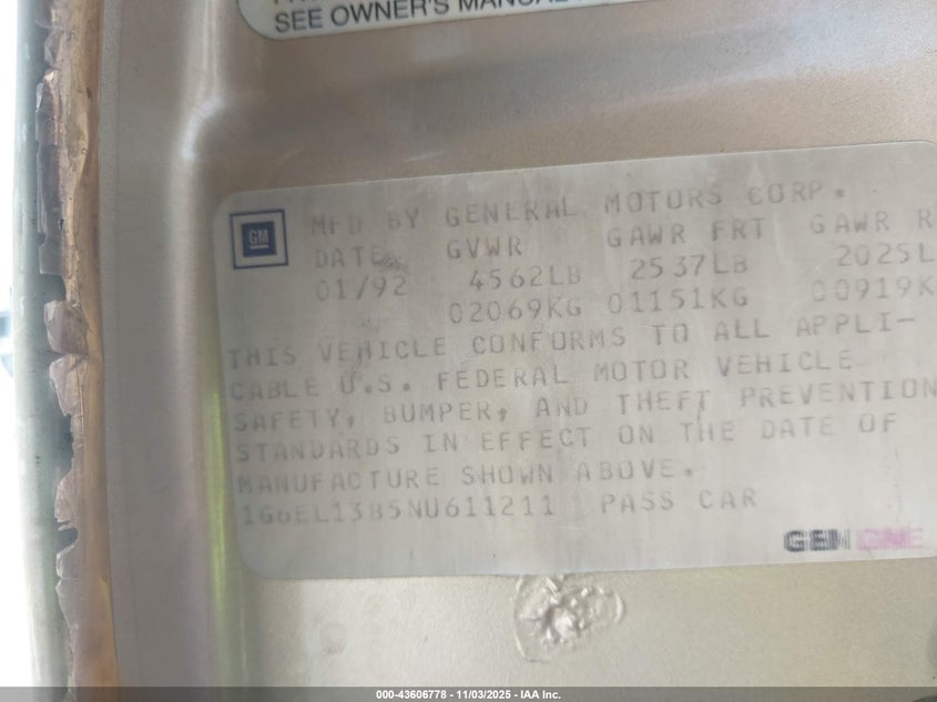 1992 Cadillac Eldorado VIN: 1G6EL13B5NU611211 Lot: 43606778