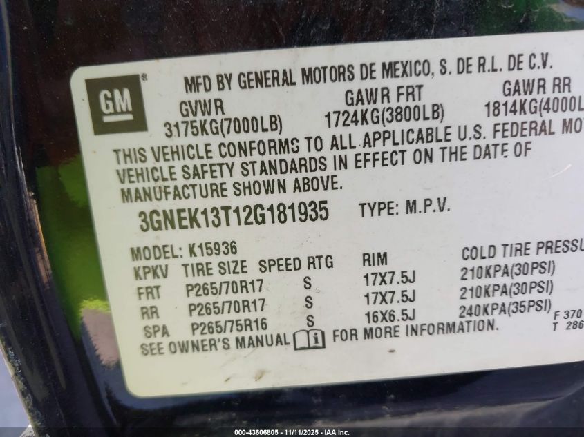 2002 Chevrolet Avalanche 1500 VIN: 3GNEK13T12G181935 Lot: 43606805