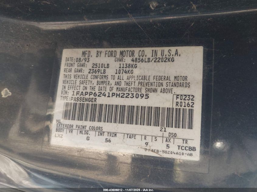 1993 Ford Thunderbird Lx VIN: 1FAPP6241PH223095 Lot: 43606812