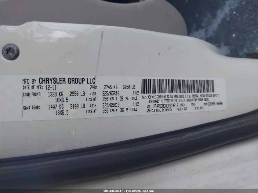 2012 Dodge Grand Caravan Se/Avp VIN: 2C4RDGBG8CR219913 Lot: 43606817