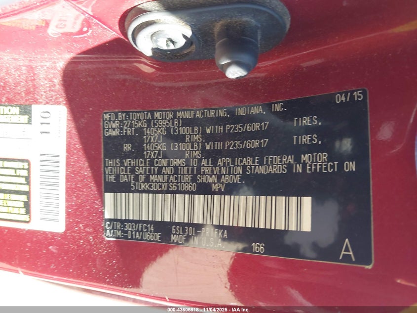 2015 TOYOTA SIENNA LE 8 PASSENGER 5TDKK3DCXFS610860