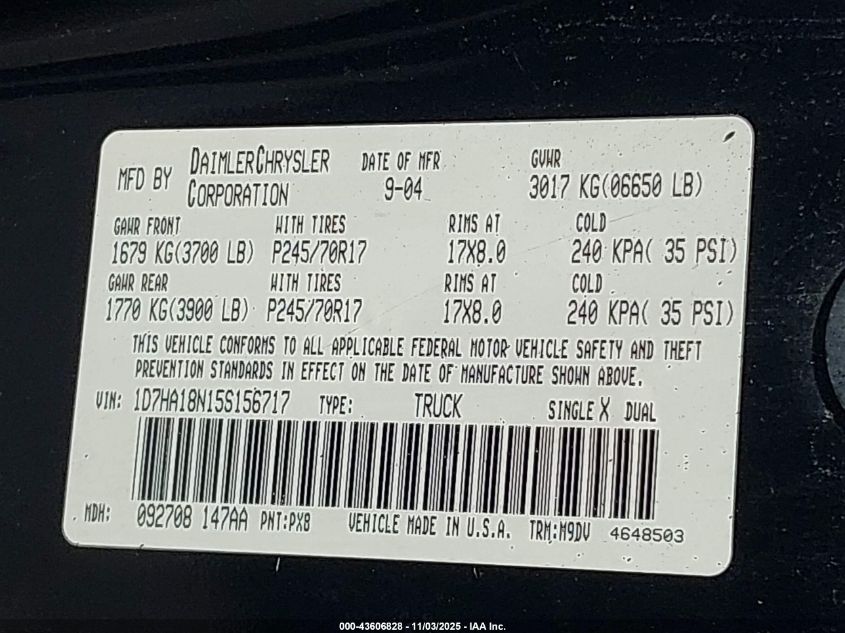 2005 Dodge Ram 1500 Slt/Laramie VIN: 1D7HA18N15S156717 Lot: 43606828