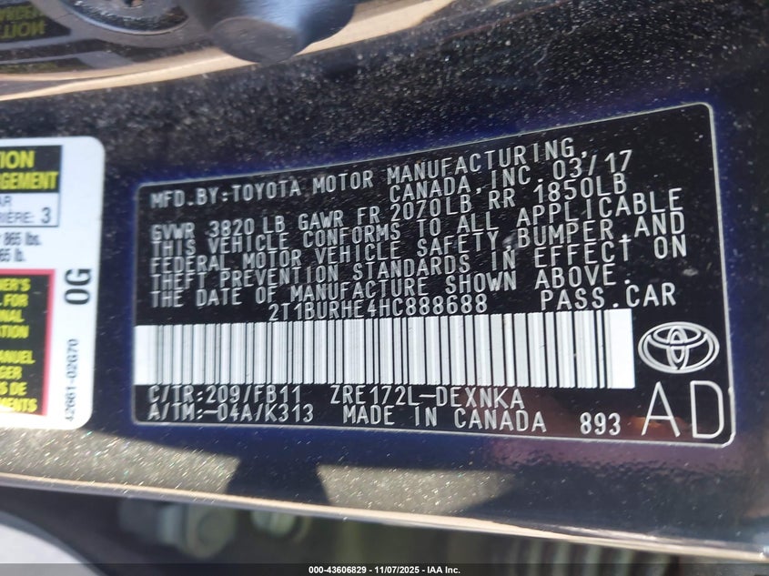 2017 TOYOTA COROLLA LE - 2T1BURHE4HC888688