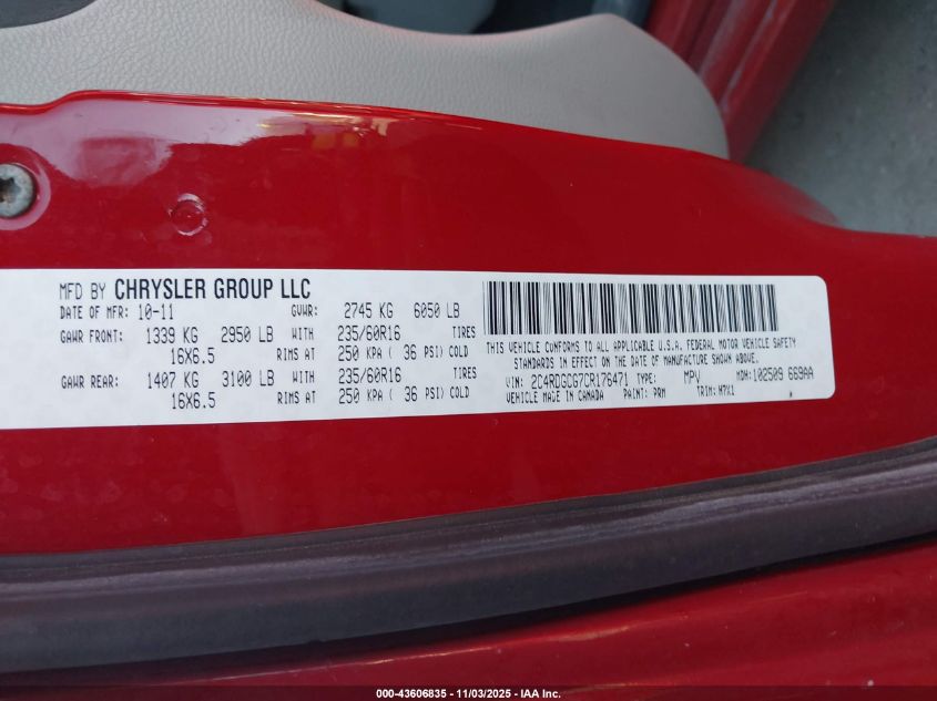 2012 Dodge Grand Caravan Sxt VIN: 2C4RDGCG7CR176471 Lot: 43606835