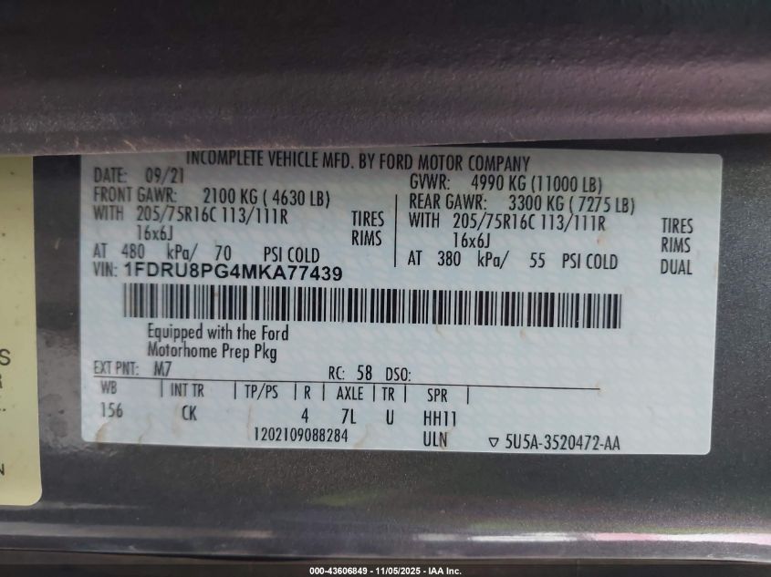 2021 Ford Transit-350 Cutaway VIN: 1FDRU8PG4MKA77439 Lot: 43606849