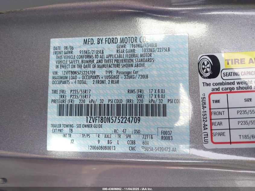 2007 Ford Mustang V6 Deluxe/V6 Premium VIN: 1ZVFT80N575224709 Lot: 43606862