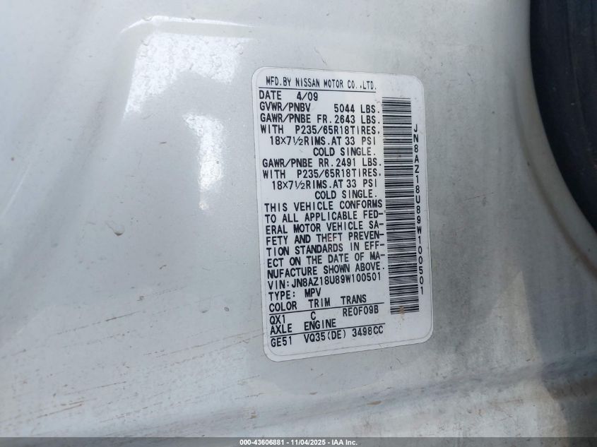 2009 Nissan Murano Sl VIN: JN8AZ18U89W100501 Lot: 43606881