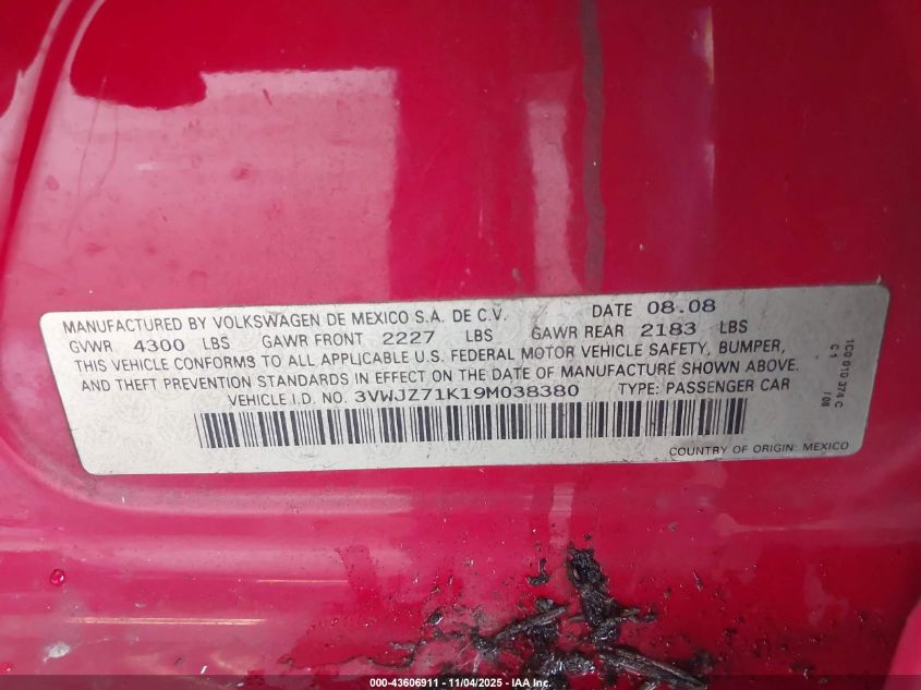 2009 Volkswagen Jetta S VIN: 3VWJZ71K19M038380 Lot: 43606911