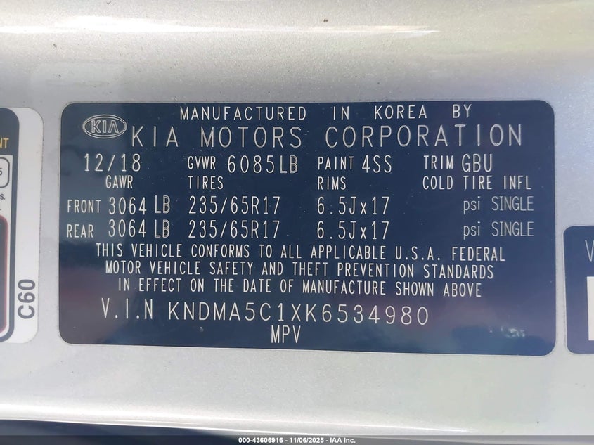2019 KIA SEDONA L - KNDMA5C1XK6534980