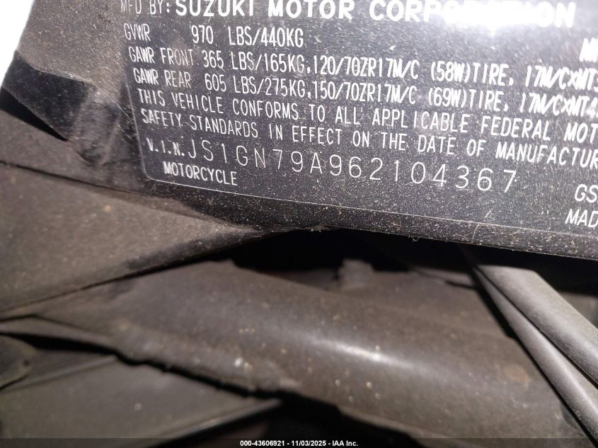 2006 Suzuki Gsx600 F VIN: JS1GN79A962104367 Lot: 43606921