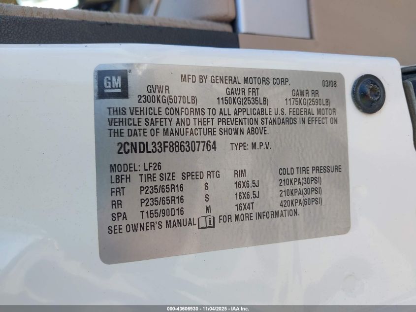 2008 Chevrolet Equinox Lt VIN: 2CNDL33F886307764 Lot: 43606930