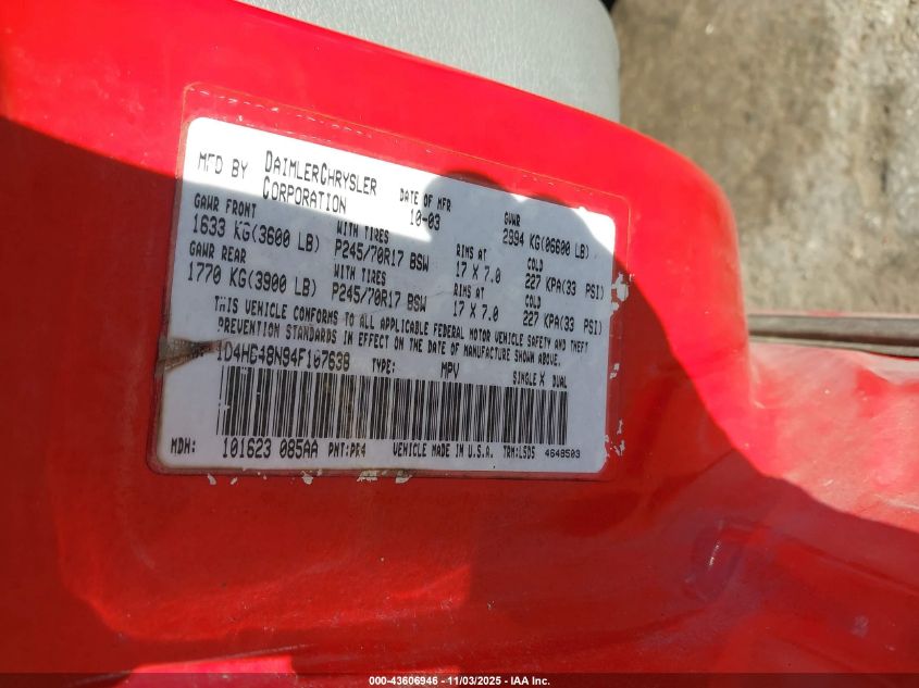 2004 Dodge Durango Slt VIN: 1D4HB48N94F107638 Lot: 43606946