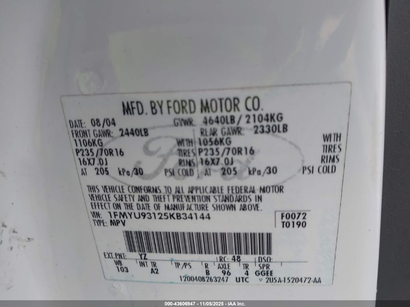 2005 Ford Escape Xlt VIN: 1FMYU93125KB34144 Lot: 43606947