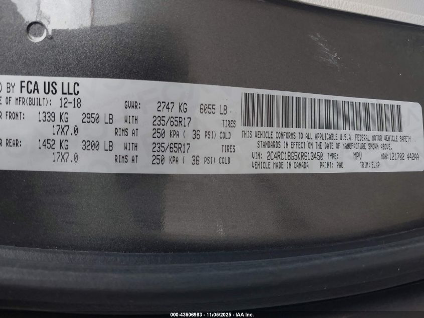 2019 Chrysler Pacifica Touring L VIN: 2C4RC1BG5KR613450 Lot: 43606983