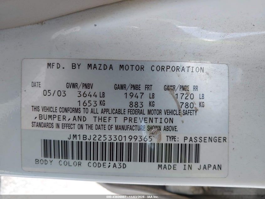 2003 Mazda Protege Dx/Es/Lx VIN: JM1BJ225330199365 Lot: 43606987