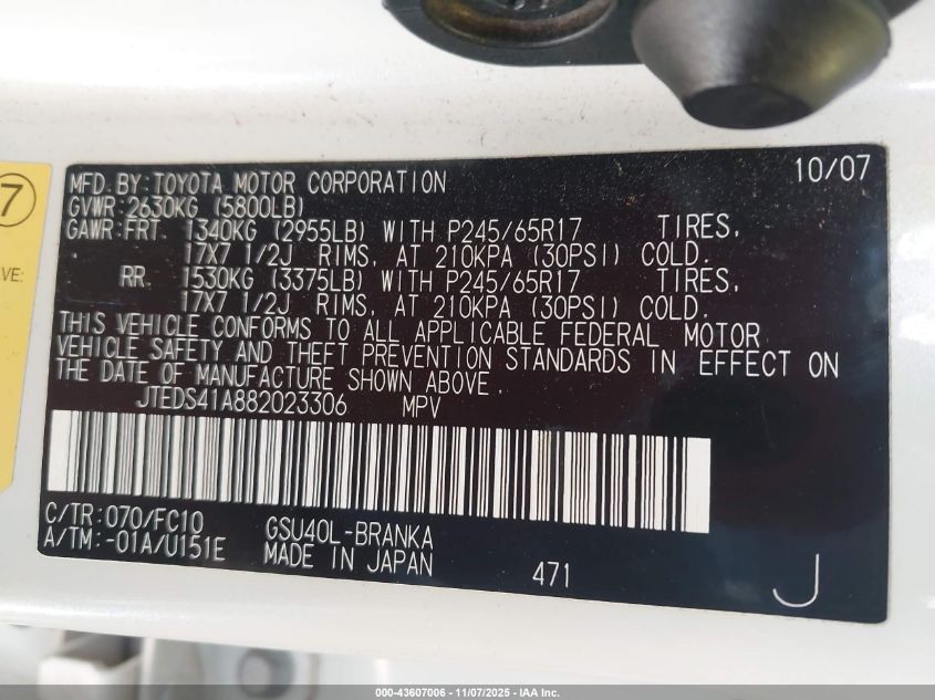 2008 Toyota Highlander VIN: JTEDS41A882023306 Lot: 43607006