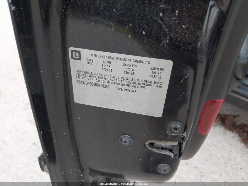 2008 Chevrolet Impala Ss VIN: 2G1WD58C089190399 Lot: 43607008