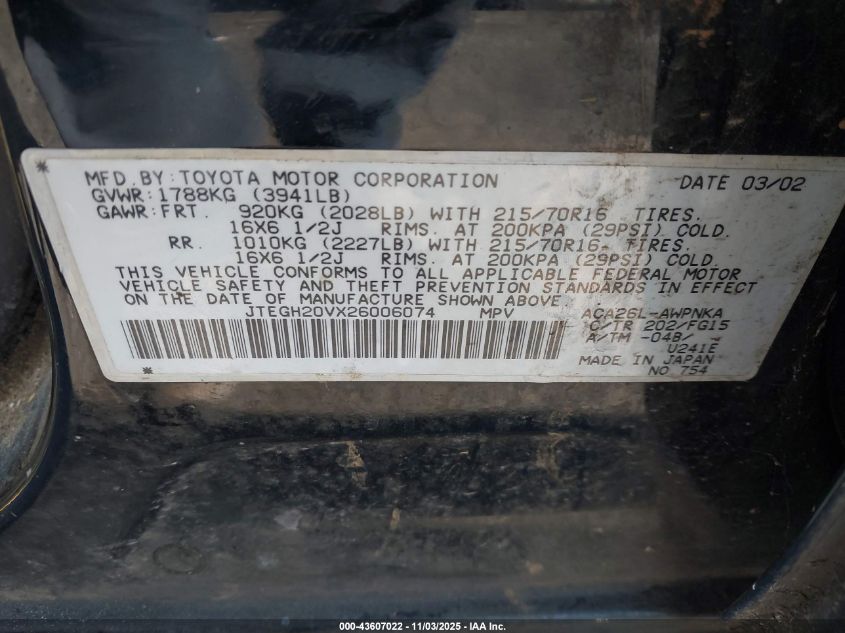 2002 Toyota Rav4 VIN: JTEGH20VX26006074 Lot: 43607022