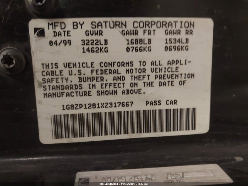 1999 Saturn Sc1 VIN: 1G8ZP1281XZ317667 Lot: 43607041