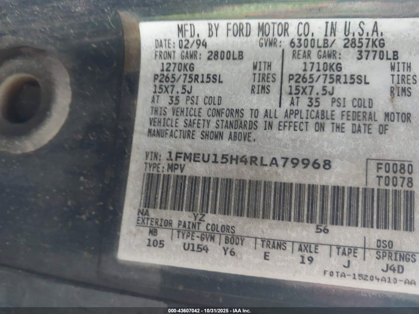 1994 Ford Bronco U100 VIN: 1FMEU15H4RLA79968 Lot: 43607042