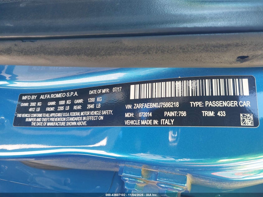 2018 ALFA ROMEO GIULIA RWD ZARFAEBN0J7566218