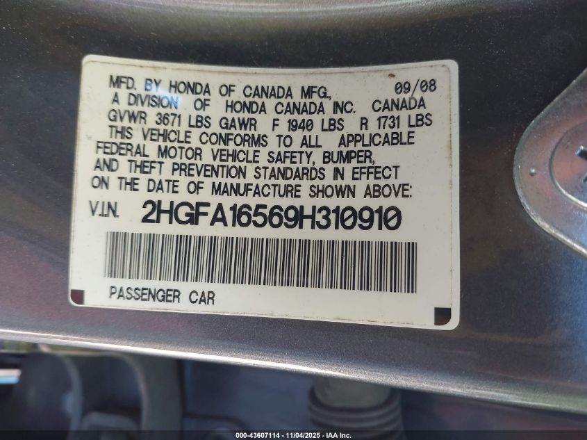 2009 Honda Civic Lx VIN: 2HGFA16569H310910 Lot: 43607114