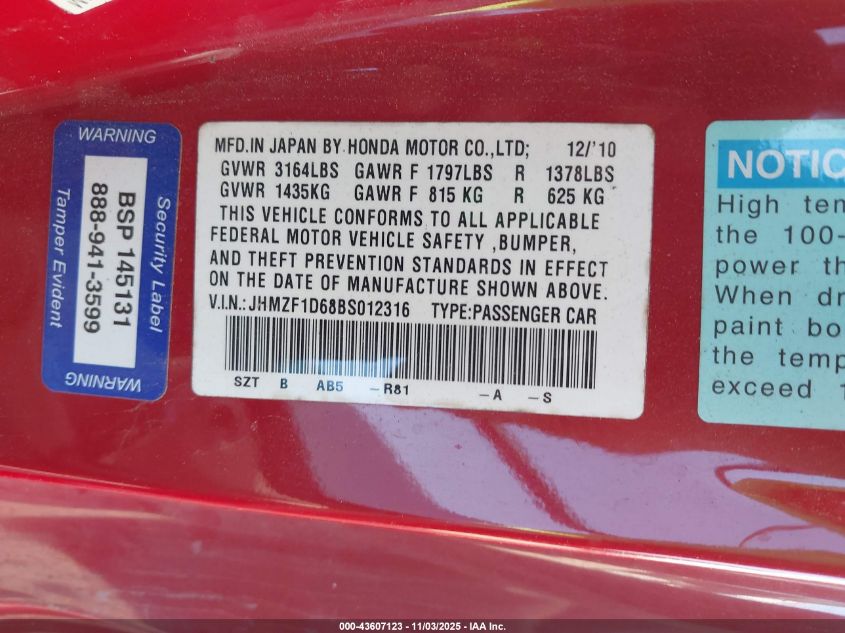 2011 Honda Cr-Z Ex VIN: JHMZF1D68BS012316 Lot: 43607123