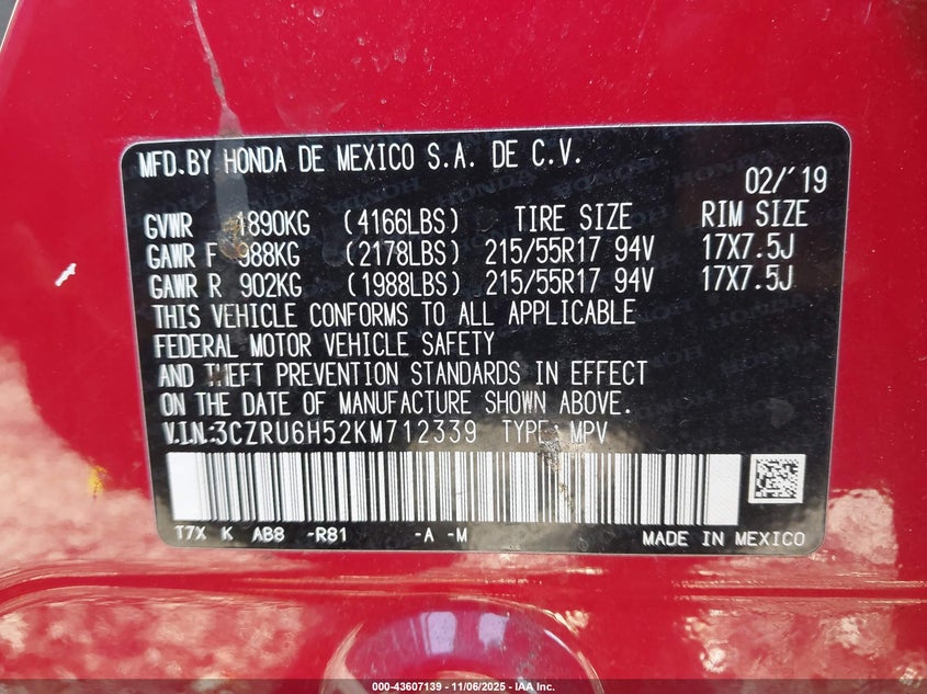 2019 HONDA HR-V EX - 3CZRU6H52KM712339