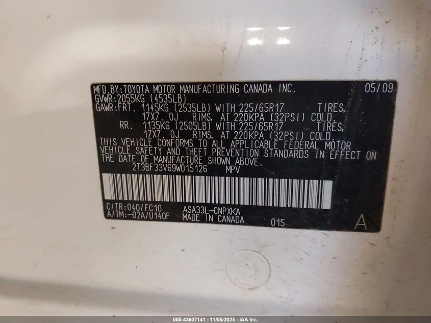 2009 Toyota Rav4 VIN: 2T3BF33V69W015126 Lot: 43607141