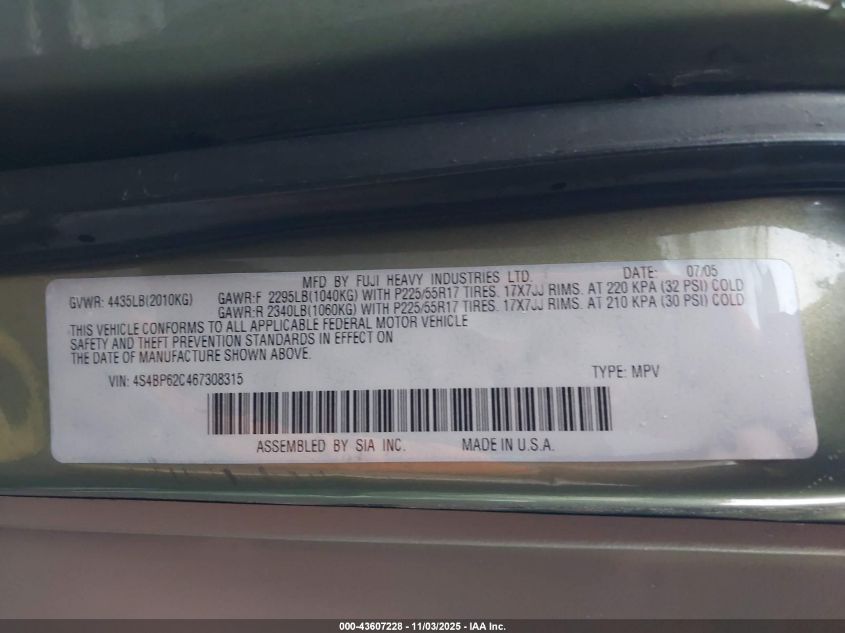 2006 Subaru Outback 2.5I Limited VIN: 4S4BP62C467308315 Lot: 43607228