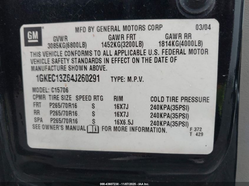 2004 GMC Yukon Slt VIN: 1GKEC13Z64J260291 Lot: 43607238