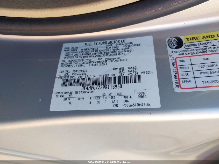 2009 Ford Fusion Se VIN: 3FAHP07Z39R113950 Lot: 43607251