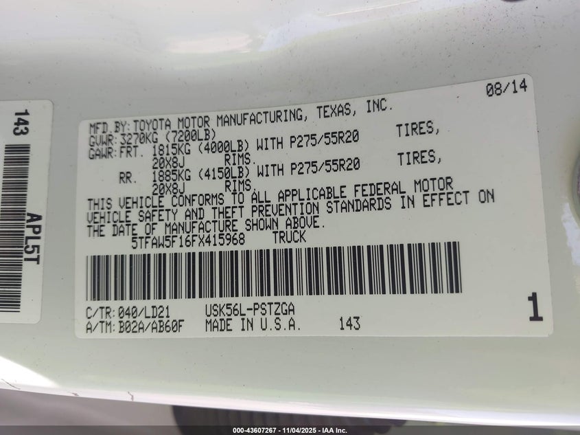 2015 TOYOTA TUNDRA 1794 5.7L V8 - 5TFAW5F16FX415968