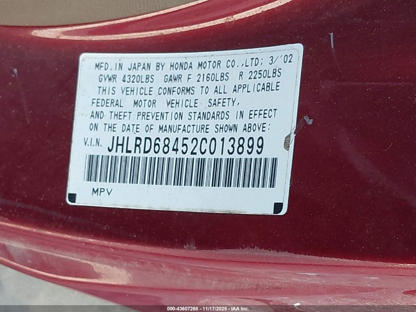 2002 Honda Cr-V Lx VIN: JHLRD68452C013899 Lot: 43607268