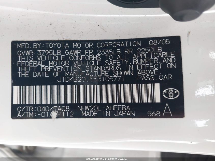 2005 Toyota Prius VIN: JTDKB20U553105771 Lot: 43607283