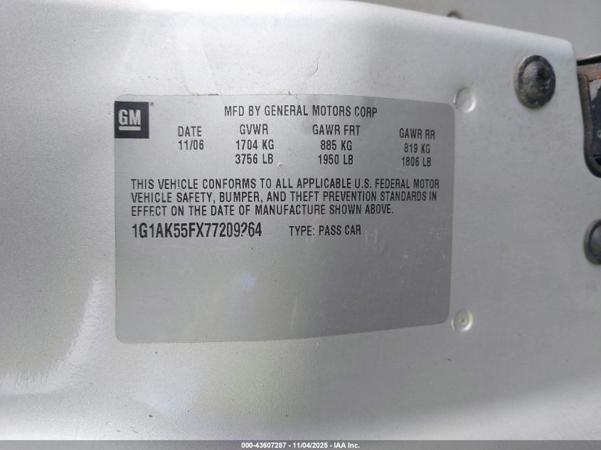 2007 Chevrolet Cobalt Ls VIN: 1G1AK55FX77209264 Lot: 43607287